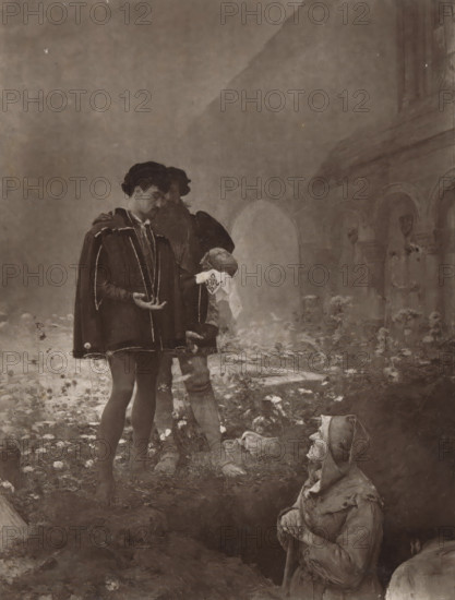 Hamlet et les Fossoyeurs, Reproduction of a painting of Hamlet and the gravediggers by Pascal-Adolphe-Jean Dagnan-Bouveret, reproduction, page, photomechanical print, inscription: 'SALON 1884.', name: 'DAGNAN BOUVERET (Pascal- Adolphe-Jean)', cliché maker: Lemercier (possibly), after painting by Pascal-Adolphe-Jean Dagnan-Bouveret, publisher: E. Francfort, Paris, 1879 - in or before 1884, photographer, paper, Woodburytype, Woodbury type, height 255 mm x width 192 mm, grave digger, Hamlet, Prince of Denmark, A sepia-toned scene showing two standing men in period clothing near the center, one facing slightly toward the viewer with a cape and decorative trim and the other partly obscured behind him holding a cloth to his face; both wear hats and knee-length garments with stockings and shoes. In the foreground to the right a seated figure in simple, worn clothing and a head covering clasps a staff and looks toward the standing men. The ground around them is strewn with debris and irregular...
