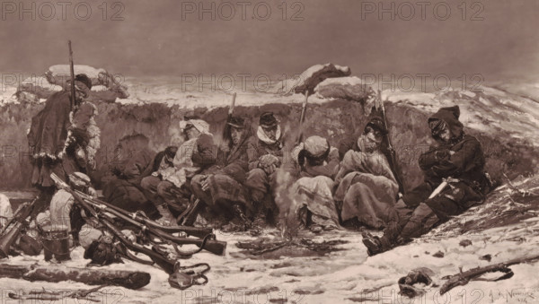 Une tranchée devant Paris - Décembre 1870, Reproduction of Une tranchée devant Paris by Alphonse de Neuville, reproduction, page, photomechanical print, inscription: 'De Neuville, Galerie Contemporaine, Littéraire et Artistique, 126, boulevard de Magenta, Paris.', cliché maker: Goupil & Cie., after painting by Alphonse de Neuville, c. 1871 - in or before 1876, photographer, paper, Woodburytype, Woodburytypepie, height 142 mm x width 246 mm, the soldier, the soldier's life, trenches, painting, drawing and the graphic arts, A row of people sits and slumps against a low snow-covered earth wall under a wide pale sky, most wrapped in heavy coats, shawls, and blankets with hoods or headscarves covering their heads and faces; some hold long rifles upright against the trench while others rest their hands in their laps or cross their arms, and one person at the far left stands facing the wall holding a rifle. In the foreground on the snowy ground lie stacked rifles, packs, straps, drums, and ot...