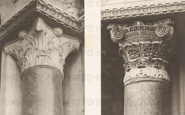 Two images of Corinthian capitals of San Marco in Venice, photomechanical print, These prints are part of a cover with 51 prints on 29 pages and 1 text page., number: '178.', number: '179', number: '125', number: '178', photographer: Carl Heinrich Jacobi, Venice, photographer: Ferdinando Ongania, c. 1879 - in or before 1884, paper, collotype, photoprint, height 313 mm x width 392 mm, church (exterior), Corinthian order, architecture, capital (, column, pillar) (classical art), Basilica of San Marco, A close-up view of two stone columns with ornate carved capitals separated by a pale vertical strip, the left capital showing stylized acanthus leaves and volutes beneath an overhanging cornice with decorative molding, the right capital featuring more weathered foliage carving and spiral volutes under a similarly detailed cornice, both columns exhibiting a textured, aged surface and monochromatic tones.