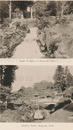 Cascade in Garden of Mangwanji, Nikko, Monastery Garden, Mangwanji, Two views of the Mangwanji gardens in Nikko, Japan, page, photomechanical print, inscription: 'Plate XXXIII.', maker: Kazumasa Ogawa, c. 1888 - in or before 1893, Kanto, paper, collotype, photoprint, height 356 mm x width 258 mm, garden, waterfall, A vertical photographic collage showing two sepia-toned landscape scenes separated by a pale horizontal band. The upper scene depicts a narrow flowing cascade bordered by rocks and low vegetation, with trees and shrubs rising on both sides and stone lantern-like structures partially visible among the foliage. The lower scene shows a tranquil garden with a gently flowing pond, a curved wooden bridge spanning the water, manicured shrubs and trees around the banks, and small pavilion-like buildings nestled among the trees and hills in the background.