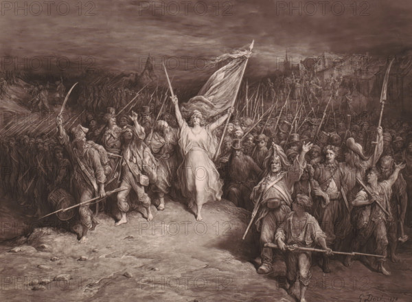 La Marseillaise, Reproduction of La Marseillaise by Gustave Doré, reproduction, page, photomechanical print, name: 'G. Doré', photographer: Goupil & Cie., after design by Gustave Doré, c. 1874 - c. 1879, printer (person), paper, Woodburytype, Woodburytypepie, height 184 mm x width 242 mm, crowd, mob, vocal music, singing, A large monochrome scene shows a crowded group of people marching forward across rough ground under a cloudy sky. A central female figure in a flowing gown walks barefoot with arms raised, holding a billowing flag above her head. Around her are men of varied ages and expressions, many wearing hats or head coverings and carrying long spears, pikes, and other polearms, with some holding drums or shorter weapons. Faces show open mouths and animated gestures as the crowd presses forward from both sides into the foreground, while more rows of figures and flags extend into the distance. Buildings and a church spire appear faintly on the right horizon, and tents or makeshift...