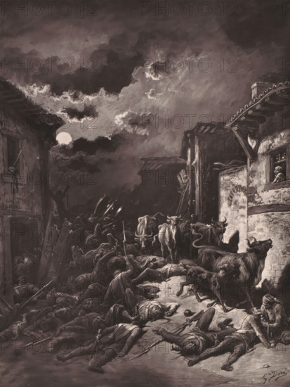 La Guerre, Reproduction of La Guerre by Gustave Doré, reproduction, page, photomechanical print, name: 'G. Doré', photographer: Goupil & Cie., after design by Gustave Doré, c. 1874 - c. 1879, printer (person), paper, Woodburytype, Woodburytypepie, height 231 mm x width 173 mm, cow, village street (city(-scape) with figures, staffage), the defeated (after the battle) (land forces), A dark, stormy sky with heavy clouds and a bright moon near the horizon looms above a narrow street flanked by tall, dilapidated buildings with rough stone and wooden beams; the street is strewn with many fallen, motionless bodies in various positions, scattered weapons, and shields, while several cattle and oxen move among the corpses, one animal standing in a doorway and others clustered nearby; a person leans on a windowsill looking down at the scene, and another figure crouches at the lower right amid the debris.
