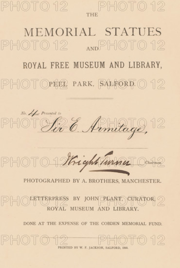 The memorial statues and Royal Free Museum and Library, Peel Park, Salford, letterpress by John Plant, photographed by A. Brothers, book, bookplate: 'EX, SFJ, LIBRIS', date: 'APR 1981', annotation: 'F45, very scarce', printer (person): WF Jackson, 1868, printer (person), textile materials, pasteboard, paper, linen (material), printing, albumen print, height 466 mm x width 340 mm x thickness 13 mm, A cream-colored sheet with printed and handwritten dark ink markings arranged in horizontal lines and centered on the page, featuring large serif-printed headings near the top, a decorative horizontal rule, cursive handwriting in the middle with an ink flourish beneath it, several additional lines of serif-printed text below, faint horizontal guide lines, and evenly spaced margins on all sides.