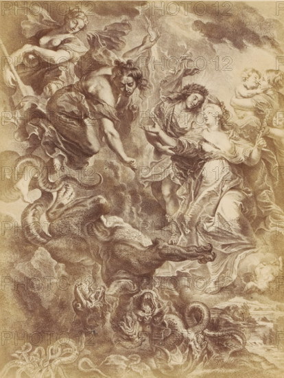 Photo reproduction of an engraving of Reconciliation of Mary de' Medici and Louis 1859 - in or before c. 1864, Dechamps et Cie., Jean-Marc Nattier, Peter Paul Rubens, photographer, after print by, after painting by, paper, albumen print, height 207 mm x width 158 mm, Person, Louis XIII (King of France), Maria de' Medici, reconciliation, A detailed sepia-toned engraving showing multiple figures and creatures in a dramatic scene; on the right a woman in flowing robes and a wreath looks upward while extending an arm toward a robed man beside her who leans forward with a serene expression, and a childlike figure clings to another adult just behind them; above and to the left a muscular, draped figure reaches down with a tense face while another partially nude figure hovers nearby holding a staff; below a large multi-headed beast with serpentine necks and roaring mouths twists among clouds and writhing serpent forms, and clouds and smoky textures fill the background around the figures and c...