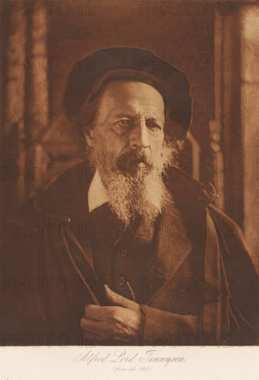 Portrait of Alfred Tennyson, Alfred Lord Tennyson, page, photomechanical print, inscription: 'Alfred Lord Tennyson, (from life 1888.)', photographer: Henry Herschel Hay Cameron, 1888, c. 1888 - in or before 1893, paper, photoaquatint, height 247 mm x width 188 mm, Person, Alfred Tennyson, historical persons, portrait of a writer, A sepia-toned portrait of an older man wearing a dark hat and cloak, with a long white beard and mustache, a visible collar at his neck, and a thoughtful expression; his right hand is holding the edge of his cloak near his chest, and the background shows blurred vertical architectural elements.