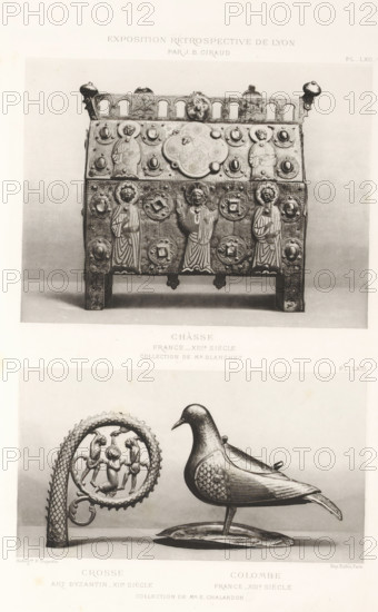 13th-century French reliquary, a 12th-century part of a bishop's staff and a 13th-century sculpture of a dove, at the Exposition Rétrospective of 1877 in Lyon, France, photomechanical print, These prints are part of a cover with 79 prints on 54 sheets and 65 text sheets., number: 'PL. LXII.', number: 'PL. LXIII.', inscription: 'CROSSE, ART BYZANTIN_XIIe SIÈCLE, COLOMBE, FRANCE_XIIIe SIÈCLE, COLLECTION DE Mr E. CHALANDON.', inscription: 'CHÂSSE, COLLECTION DE Mr BLANCHET.', inscription: 'EXPOSITION RÉTROSPECTIVE DE LYON, PAR JB GIRAUD.', photographer: Jacques Garcin, Lyon, cliché maker: Dujardin, printer (person): Imprimerie Eudes, Paris, 1877 - 1878, Jacques Garcin, Dujardin, Imprimerie Eudes, photographer, cliché maker, printer (person), paper, photoaquatint, height 463 mm x width 313 mm, piece of sculpture, reproduction of a piece of sculpture, relics (and reliquaries), A photographic print showing two separate ornamental objects arranged vertically on a light background: the upper o...