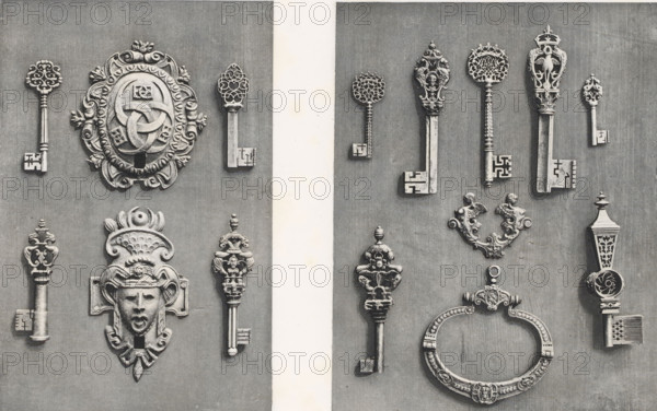 Various 16th-century and 17th-century keys, at the Exposition Rétrospective of 1877 in Lyon, France, photomechanical print, These prints are part of a cover with 79 prints on 54 sheets and 65 text sheets., inscription: 'SERRURERIE, XVIe et XVIIe SIÈCLES, COLLECTIONS DIVERSES.', number: 'PL. LXXI ET LXXII.', inscription: 'EXPOSITION RÉTROSPECTIVE DE LYON, PAR JB GIRAUD.', photographer: Jacques Garcin, Lyon, cliché maker: Dujardin, printer (person): Imprimerie Eudes, Paris, 1877 - 1878, printer (person), paper, photoaquatint, height 313mm x width 463mm, key, A grayscale photograph shows an arrangement of ornate metal objects mounted on a flat background divided by a vertical pale strip near the center. On the left panel there are decorative keys with intricate bow designs and a large ornamental escutcheon featuring scrollwork and a central swirling motif, plus a sculpted face plate with a crest above it. On the right panel there are more elaborately designed keys with filigree heads and ...