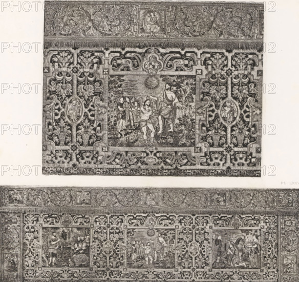Two 16th-century Flemish altar fronts, at the Exposition Rétrospective of 1877 in Lyon, France, photomechanical print, These prints are part of a cover with 79 prints on 54 sheets and 65 text sheets., inscription: 'DEVANT D'AUTEL, FLANDRE XVIe SIÈCLE_COLLECTION DE Mr E. AYNARD.', inscription: 'EXPOSITION RÉTROSPECTIVE DE LYON, PAR JB GIRAUD.', number: 'PL. LXXVII.', number: 'PL. LXXVIII.', photographer: Jacques Garcin, Lyon, cliché maker: Dujardin, printer (person): Imprimerie Eudes, Paris, 1877 - 1878, Jacques Garcin, Dujardin, Imprimerie Eudes, photographer, cliché maker, printer (person), paper, photoaquatint, height 313 mm x width 463 mm, altar, A rectangular ornate textile panel fills the image, featuring a central framed scene surrounded by an intricate repeating border of scrolling foliage, floral motifs, and cartouches; the central scene shows several human figures in a natural setting with a radiant circular element overhead and one standing figure holding a staff while touchi...