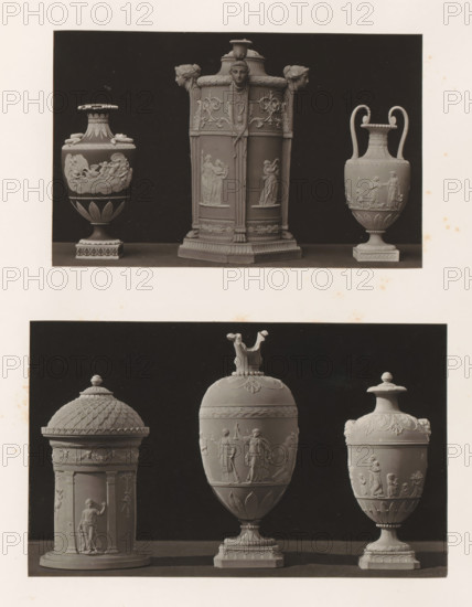 Five vases and a candlestick, photograph, page, photographer: Joseph Cundall, c. 1868 - in or before 1873, paper, carbon print, height 361 mm x width 270 mm, chandelier, candelabrum, container of ceramics: jar, jug, pot, vase, sculpture (relief, sculpture), A photographic plate showing two horizontal panels each with three ceramic or stone vases displayed against a dark background, the top panel featuring a central tall octagonal vase with relief figures and ornamental faces at its upper corners flanked by two handled urns with bas-relief scenes, and the lower panel showing three lidded urns including a domed covered vessel with a finial, a central egg-shaped urn with a decorative finial and a band of classical figures in relief, and a smaller lidded vase with carved figures and floral motifs, all rendered in a monochrome tone with a light matte border.