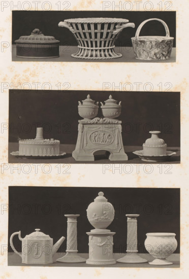 Basket, teapot, inkwells, candlesticks and vases with female figures and the wedding of Cupid and Psyche, photograph, page, photographer: Joseph Cundall, c. 1868 - in or before 1873, paper, carbon print, height 361 mm x width 270 mm, chandelier, candelabrum, container of ceramics: jar, jug, pot, vase, ink-well, Cupid and Psyche as lovers, tea-pot, samovar, A vertical arrangement of three photographic panels shows rows of decorative objects against dark rectangular backgrounds on a light speckled sheet; the top panel displays three small containers including a round lidded box with a sculpted knob, a woven basket with a flared shape and braided rim, and a marbled bowl with a curved handle; the middle panel presents a central ornate stand topped by two lidded urns with finials flanked by two low dishes each holding a covered vessel with decorative rims and bases; the bottom panel features a central spherical lidded urn on a decorated pedestal between two fluted candlestick-like columns, ...