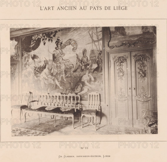 Room with a wall painting, L'Art Ancien au Pays de Liège, photomechanical print, This print is part of a cover with twenty prints, a title page and a list of images., number: 'No 11', Liège, printer (person): Ch. Claesen Éditeur, publisher: Ch. Claesen Éditeur, c. 1879 - in or before 1884, Ch. Claesen Éditeur, printer (person), publisher, paper, collotype, photogravure, height 164 mm x width 221 mm, wall-covering, other rooms, A sepia-toned photograph shows an ornate interior wall with a large decorative tapestry or mural depicting robed figures in a classical or mythological scene, with drapery, foliage, and a ship in the background; to the right are carved wooden double doors with intricate floral and ribbon motifs and raised paneling; in front of the wall a row of carved wooden chairs with upholstered seats and decorative cushions is arranged on a patterned rug, and an elaborately carved armchair with scrollwork is partially visible at the right edge.