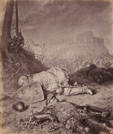 Photo reproduction of Auf dem Schlachtfelde by Eduard von Grützner, Auf dem Schlachtfelde, photograph, reproduction, This photo is part of a cover with seven photos, a title page with photo and a text page., photographer: Photographische Gesellschaft Berlin, after painting by Eduard von Grützner, c. 1873 - in or before c. 1878, paper, albumen print, albumendruk, height 222 mm x width 184 mm, specific works of literature, the defeated (after the battle), Falstaff, A monochrome scene shows fallen armored figures lying on grassy ground in the foreground, one wearing plate armor with a helmet beside him and another in lighter clothing clutching a shield decorated with a heraldic beast, a sword and spiked mace lying nearby; behind them a slope with exposed tree roots, low plants, and a gnarled tree trunk rises to the left, while in the middle distance a mass of indistinct figures and raised spears fills the space toward the right; a large stone fortress with battlements sits on a rocky rise...