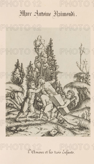 L'Amour et les trois Enfants, Photo reproduction of an engraving of Love and three putti by Marcantonio Raimondi, Marc Antoine Raimondi, photograph, reproduction, page, number: '16', photographer: Benjamin Delessert, after print by Marcantonio Raimondi, c. 1848 - in or before 1853, Benjamin Delessert, Marcantonio Raimondi, photographer, after print by, paper, salted paper print, height 224 mm x width 175 mm, cupids: 'amores', 'amoretti', 'putti', Love personified, A sepia-toned print shows a group of naked cherubic children playing on a grassy, uneven landscape with rocks and small plants, surrounded by tall, detailed trees and ferns; one child leans forward carrying a rectangular object while another child reaches toward a central standing child who holds a small ring or object to their mouth, and a fourth child bends forward between them; distant rounded mounds, sparse bare branches, and dense foliage create a varied natural background beneath a pale sky.
