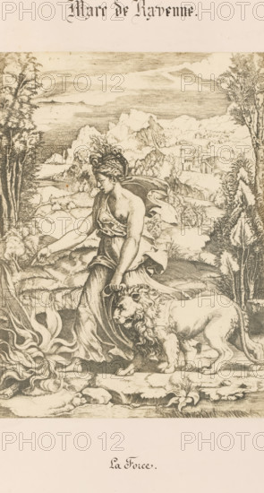 Photo reproduction of an engraving of Kracht by Marco Dente, La Force, Marc Antoine Raimondi, photograph, reproduction, page, photographer: Benjamin Delessert, after print by Marco Dente, after drawing by Rafaël, after drawing by Giulio Romano, c. 1848 - in or before 1853, Marco Dente, after print by, paper, salted paper print, height 246 mm x width 180 mm, Will, 'Volontà' (Ripa), A monochrome etching shows a robed female figure standing in a natural landscape while holding a large lion by a strap; she gestures with one hand toward a stylized fire or swirling flames on the ground. The woman has flowing hair and draped clothing, and the lion stands with a detailed mane and visible harness. Surrounding them are rocky ground, plants, and tall trees framing a distant hilly terrain with clustered buildings and mountains under a sky with horizontal cloud bands. Above and below the scene are decorative bands of blank space and ornate script text.