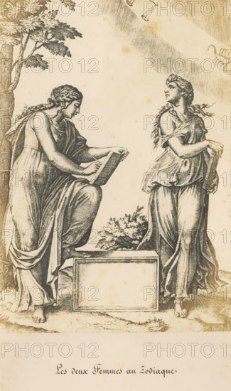 Les deux Femmes au Zodiaque, Photo reproduction of an engraving of two young women with a zodiac in the background by Marcantonio Raimondi, Marc Antoine Raimondi, photograph, reproduction, page, photographer: Benjamin Delessert, after print by Marcantonio Raimondi, after design by Rafaël, c. 1848 - in or before 1853, Marcantonio Raimondi, after print by, paper, salted paper print, height 277 mm x width 193 mm, adolescent, young woman, maiden (two persons), zodiac, the twelve zodiacal signs together, A monochrome engraving showing two draped women standing outdoors beside a tree and a rectangular plinth; the woman on the left is seated on the plinth with one foot on it and holds an open book or tablet, her head bowed and hair braided back, while the woman on the right stands slightly turned toward the left with flowing hair and a draped garment, one hand resting on the edge of the plinth and the other holding a narrow object; foliage appears behind them and there are shaded rays or band...
