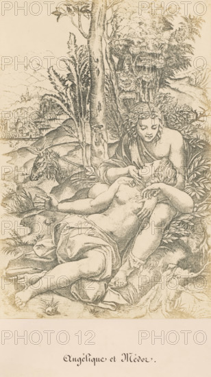 Angélique et Médor, Photo reproduction of an engraving of Angelica and Medoro by Marcantonio Raimondi, Marc Antoine Raimondi, photograph, reproduction, page, photographer: Benjamin Delessert, after print by Marcantonio Raimondi, after drawing by Giulio Romano (possibly), c. 1848 - in or before 1853, Marcantonio Raimondi, after print by, paper, salted paper print, height 257 mm x width 171 mm, herding, herdsman, herdswoman, shepherd, shepherdess, cowherd, couple of lovers, Angelica, A detailed monochrome engraving shows two partially clothed figures reclining beneath trees in a wooded landscape. One figure leans against a tree, cradling the other who lies back across their lap with an arm extended and head tilted upward; both have long hair and relaxed facial expressions. Surrounding them are textured tree trunks, dense foliage, and leafy plants. A goat with curved horns rests nearby. In the background there are rolling hills and a distant cluster of buildings by water. The ground aroun...
