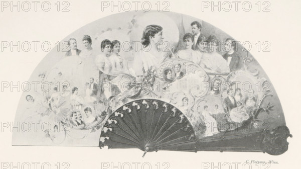 Fan with a collage of portraits of unknown men and women, page, photomechanical print, inscription: 'Das Atelier des Photographen.', photographer: Carl Pietzner, Vienna, cliché maker: unknown, Leipzig, printer (person): Wilhelm Knapp, Halle an der Saale, c. 1895 - in or before 1900, printer (person), Lower Austria, Saxony-Anhalt, Saxony, paper, autotypie, height 115 mm x width 219 mm, historical persons, historical persons - BB - woman, fan, A semicircular decorative fan spread shows numerous portrait-style illustrations of people, mostly women and a few men, arranged among ornate floral and scrollwork designs, with a darker silhouetted handle and ribs at the bottom center featuring carved patterns and a central pivot; the figures display a variety of head-and-shoulder and three-quarter views, many wearing high-necked garments and formal attire, and some framed within small oval cartouches while others are integrated into flowing decorative motifs that include leaves and blossoms.