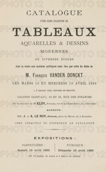 Catalogue d'une riche collection de tableaux aquarelles & dessins modernes de diverses écoles, book, annotation: '€69.50', annotation: 'JAN, 2003', annotation: 'MaSou, 1893', 1893, pasteboard, paper, printing, albumen print, height 293 mm x width 194 mm x thickness 7 mm, A vertically oriented aged paper page with centered printed lines of large bold headings and smaller lines of text arranged in sections, displaying varied serif typefaces and typographic emphasis, with visible spacing and horizontal alignment, darker ink letters contrasting against a light beige background, small decorative ornament near the middle, and some faint spotting and paper texture throughout.