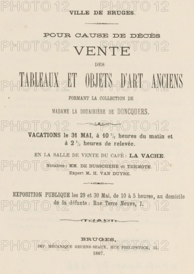 Vente des tableaux et objets d'art anciens formant la collection de madame la douairière de Doncquers, book, date: 'OCT, 1995', 1887, paper, printing, albumen print, height 227 mm x width 183 mm x thickness 5 mm, A faded cream-colored page with printed black serif text arranged in centered lines and decorative horizontal flourishes, showing a large bold heading near the top, several lines of narrower uppercase text below it, ornamental dividers, and additional centered text blocks toward the middle and lower portions, all printed with varying font sizes and weights on slightly aged paper.