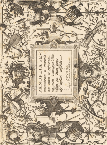 Frontispice, XVIe Siècle, Reproduction of a title page with grotesques by Hans Vredeman de Vries, reproduction, page, photomechanical print, inscription: 'LITT. F. - PL. 8', monogram: 'JJvY', inscription: 'FRONTISPICE de l'intéressant, ', cliché maker: Joseph Maes (possibly), Antwerp, after print by Hans Vredeman de Vries, after design by Christoffel Plantijn, c. 1875 - in or before 1880, Joseph Maes, Hans Vredeman de Vries, Christoffel Plantijn, photographer, cliché maker, after print by, after design by, paper, photolithography, height 364 mm x width 231 mm, armor, drum (musical instrument), ornament, grotesque, title-page, An ornate printed page rotated sideways showing a rectangular framed panel at the center surrounded by intricate line engravings of classical decorative elements, including stylized floral motifs, scrolling acanthus leaves, and ribbon-like banners. Around the frame are detailed depictions of helmets and armor, robed busts with ornate headgear, musical instruments ...