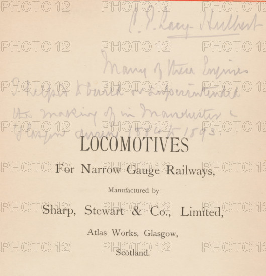 Locomotives for narrow gauge railways manufactures by Sharp, Stewart and Co., Limited, Atlas Works, Glasgow, Scotland, book, inscription: 'CP Lary. Hulbert Many & ... Engines I helped to build ... 1884 to 1893', publisher: Sharp, Stewart & Co., 1884, textile materials, paper, linen (material), albumen print, height 240 mm x width 190 mm x thickness 15 mm, A section of aged off-white paper with a narrow red border at the top, containing faint pencil scribbles across the upper area and darker printed type lower down, with wide margins and evenly spaced lines of printed text centered on the page.
