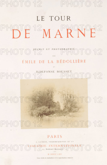 Le tour de Marne, book, photographer: Ildefonse Rousset, writer (clerical worker): Émile de La Bédollière, publisher: A. Lacroix, Verboeckhoven & Cie, Paris, publisher: Librairie Internationale, 1865, writer (clerical worker), textile materials, pasteboard, paper, linen (material), printing, albumen print, color on cut, lithography, height 309 mm x width 242 mm x thickness 32 mm, A mostly white page with a large faded rectangular photographic print near the center showing a waterside scene with trees along a shoreline and a small boat with a few indistinct figures; the page shows various lines of printed type above and below the photograph in dark and reddish ink, and the paper has a slightly aged, speckled appearance.