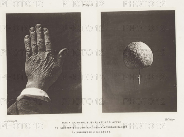 Back of Hand & Shrivelled Apple. To illustrate the origin of certain mountain ranges by shrinkage of the globe, page, photomechanical print, Left the wrinkled back of a hand, right a shriveled apple., number: 'Plate II.', photographer: James Nasmyth, London, cliché maker: anonymous, United Kingdom, c. 1870 - in or before 1873, paper, collotype, photoprint, height 215 mm x width 280 mm, Print for page 31., fruits: apple, hand (back view), A grayscale image divided into two dark rectangular panels separated by a light vertical strip, the left panel showing the back of a hand with visible wrinkles and short fingernails, a cuff and sleeve at the wrist, and the right panel showing a spherical, textured object suspended above a thin stem against a dark background.