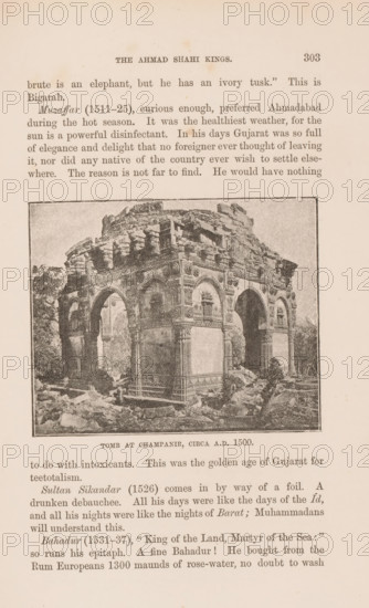 Tomb at Champaner, Gujarat, India, page, photomechanical print, caption: 'TOMB AT CHAMPANIR, CIRCA AD 1500.', Champaner, cliché maker: Lemercier & Cie., Paris, c. 1883 - in or before 1893, photographer, paper, autotypie, height 77 mm x width 95 mm, grave, tomb, façade (of house or building), A faded page showing a rectangular framed photograph of a ruined stone tomb with arched openings on multiple sides, ornate carved details on the pillars and arches, and rubble and vegetation around its base, surrounded by printed lines of text above and below the image.