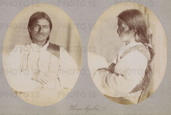 Two portraits of an unknown man of the Lepcha, Uomo lepcha, photograph, page, photographer: Paolo Mantegazza, India, c. 1881 - in or before 1886, paper, albumen print, height 151 mm x width 241 mm, adult man (side view, profile), Two oval sepia-toned portraits of the same person are mounted on a gray background, one showing a frontal three-quarter view and the other a profile facing right; the person has long dark hair parted in the middle, a mustache, and a somber facial expression, wearing a light-colored shirt with fringed decoration and a darker vest, with arms folded across the torso in both images and subtle shadows on the face and clothing.