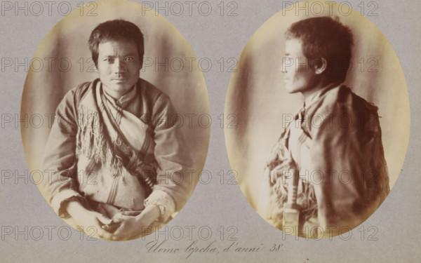 Two portraits of an unknown man of the Lepcha, Uomo lepcha, d'anni 38, photograph, page, photographer: Paolo Mantegazza, India, c. 1881 - in or before 1886, Paolo Mantegazza, photographer, paper, albumen print, height 151 mm x width 241 mm, adult man (side view, profile), adult man (front view), A sepia-toned photographic montage shows two oval portraits of the same man mounted on a gray background, with one portrait a frontal view and the other a profile view facing right; the man has short dark hair and a neutral facial expression, wearing a textured garment with a fringed shawl draped across his chest and shoulders, and his hands are visible resting in his lap in the frontal image while the profile image shows a close-up of his upper torso and the layered fabric of his clothing.