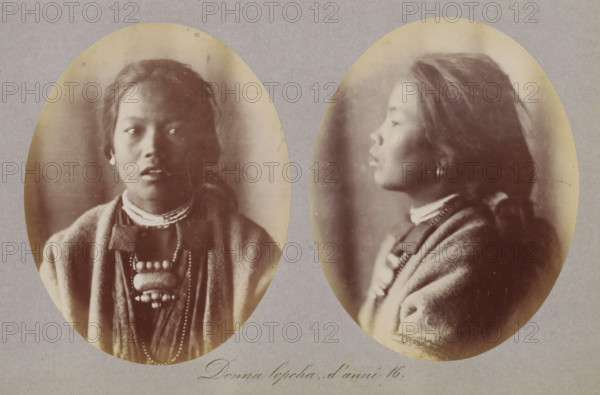 Two portraits of an unknown girl from the Lepcha, Donna lepcha, d'anni 16, photograph, page, photographer: Paolo Mantegazza, India, c. 1881 - in or before 1886, Paolo Mantegazza, photographer, paper, albumen print, height 151 mm x width 241 mm, adolescent, young woman, maiden (sideview, profile), maiden (front view), Two oval sepia photographs mounted on a gray background show the same young woman in different poses; the left image is a front-facing portrait with her head and shoulders visible, she has dark hair pulled back and wears a layered necklace and a textured outer garment, her expression is neutral with slightly parted lips, and the lighting creates soft shadows across her face; the right image is a profile view of her facing right, showing her hair gathered at the back, the same necklace and outer garment visible from the side, and similar soft lighting and vignette around the edges of the oval.