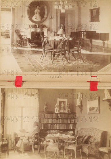 Biblioteket, Interior of the library of the Koivuniemi country house in Helsinki, photograph, page, photographer: Daniel Nyblin, Koivuniemi, c. 1879 - in or before 1884, Helsinki, paper, albumen print, height 100 mm x width 153 mm, study, 'studiolo', library, interior, representation of a building, The image shows two sepia-toned interior photographs stacked vertically; the upper photograph depicts a formal room with a round table covered by a cloth, surrounded by bentwood chairs, a patterned rug beneath, a fireplace with decorative foliage and an oval portrait above it, a chandelier hanging from the ceiling, a rocking chair near an open doorway, and a grand piano along the right wall; the lower photograph shows a cozy room with a person seated in an armchair reading, a bookshelf filled with books and topped with small statuettes, a round table cluttered with papers and surrounded by upholstered chairs, a cushioned sofa with patterned pillows, framed artwork on the walls, and light str...