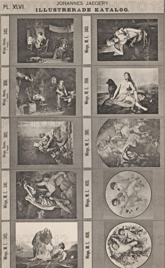 Photo reproduction of ten paintings with mainly mythological scenes, Johannes Jaeger's Illustrerade Catalog, reproduction, page, photomechanical print, number: 'PL. XLVI.', photographer: Johannes Jaeger, Stockholm, cliché maker: anonymous, after painting by Mårten Eskil Winge, c. 1872 - c. 1882, Johannes Jaeger, Mårten Eskil Winge, photographer, cliché maker, after painting by, paper, collotype, light print, height 182 mm x width 110 mm, picture, painting, Classical Mythology and Ancient History, A vertically oriented printed page divided into columns and rows showing pairs of framed rectangular and circular artworks; each artwork contains detailed monochrome illustrations including indoor scenes with people interacting, a seated woman with long hair beside a large animal on a rocky shore, a kitchen interior with a figure near a hearth, reclining and entwined figures in mythological poses, playful cherubic children in a circular frame, and scenes of people in rustic or pastoral setting...