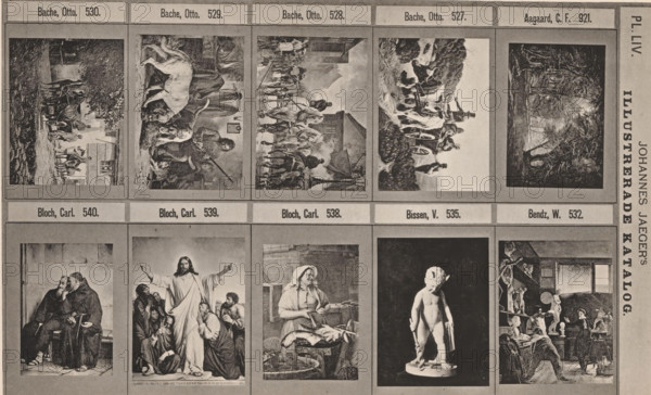 Photo reproduction of nine paintings and a sculpture, Johannes Jaeger's Illustrerade Catalog, reproduction, page, photomechanical print, number: 'PL. LIV.', photographer: Johannes Jaeger, Stockholm, cliché maker: anonymous, after painting by Otto Bache, c. 1872 - c. 1882, Johannes Jaeger, Otto Bache, photographer, cliché maker, after painting by, paper, collotype, photoprint, height 180 mm x width 111 mm, sculpture, picture, painting, A rectangular printed page shows a grid of framed black-and-white images arranged in rows and columns. The top row contains five small rectangular illustrations depicting outdoor and rural scenes with people, animals, carts, and buildings. Each of these images sits beneath a narrow header strip. The middle and bottom areas show larger framed images including scenes of seated figures, a standing robed figure among a group, a woman at a table with domestic items, a sculpted nude child on a pedestal against a dark background, and an interior scene with peopl...