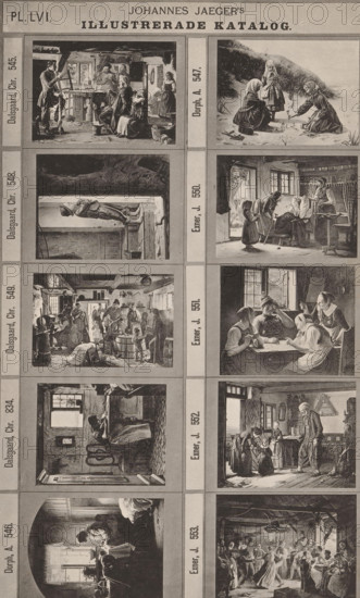 Photo reproduction of ten genre scenes, Johannes Jaeger's Illustrerade Katalog, reproduction, page, photomechanical print, number: 'PL. LVI.', photographer: Johannes Jaeger, Stockholm, clichémaker: anonymous, after painting by Christen Dalsgaard, c. 1872 - c. 1882, Johannes Jaeger, Christen Dalsgaard, photographer, clichémaker, after painting by, paper, collotype, photogravure, height 181 mm x width 111 mm, picture, painting, A vertical page with a series of rectangular sepia-toned illustrations arranged in two columns; each illustration shows interiors or outdoor scenes with people engaged in domestic activities, including groups gathered around tables, women and children interacting, figures standing or seated, and a scene of three girls on a sandy dune; decorative borders separate the images and narrow vertical caption panels run alongside each row of illustrations; a bold header at the top spans the page.