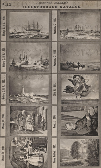 Photo reproduction of ten paintings, Johannes Jaeger's Illustrerade Catalog, reproduction, page, photomechanical print, number: 'PL. LX.', photographer: Johannes Jaeger, Stockholm, cliché maker: anonymous, after painting by Anton Melbye, c. 1872 - c. 1882, Johannes Jaeger, Anton Melbye, photographer, cliché maker, after painting by, paper, collotype, light print, height 181 mm x width 110 mm, picture, painting, A vertically oriented sheet shows a grid of framed illustrations arranged in columns and rows, each framed image separated by narrow borders. The top section features a heading area with large dark lettering and a decorative line beneath it. The illustrated panels include maritime scenes with sailing ships on choppy seas, including a multi-masted warship and smaller vessels, views of a rocky shoreline with waves breaking and boats near the shore, and a lighthouse standing amid turbulent waters. Other panels depict a battle at sea with sailing ships exchanging cannon fire and sma...