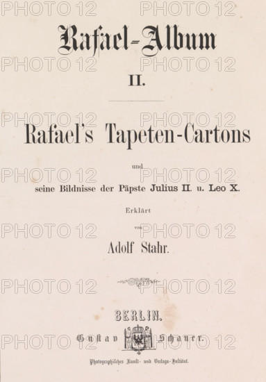 Rafael-Album II, book, writer (clerical worker): Adolf Stahr, printer (person): G. Bernstein, Berlin, publisher: Gustav Schauer, 1861, writer (clerical worker), printer (person), textile materials, pasteboard, paper, linen (material), albumen print, height 335 mm x width 260 mm x thickness 15 mm, A faded cream page with dark printed decorative elements and large ornamental lettering near the top, a horizontal dotted line beneath, several lines of centered printed text in different serif and blackletter styles down the page, a small ornamental flourish in the middle, a faint circular stain toward the lower center, and an intricate emblem with decorative figures and filigree near the bottom.