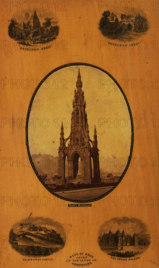 Scott Monument in Edinburgh, Scott's Monument, photograph, page, Photo is surrounded by 4 prints, clockwise: Dryburch Abbey, Dryburg Abbey, Edinburgh Castle and Holyrood Palace., inscription: 'Made of wood grown on the Lands of Abbotsford.', Edinburgh, c. 1858 - in or before 1868, photographer, paper, plant material, biological material, wood (plant material), albumen print, printing, height 95 mm x width 72 mm, Photo on front cover, monument, statue, Scott Monument, A vertically oriented panel with a warm woodgrain background featuring several oval vignettes; the central large oval contains a tall ornate Gothic monument with pointed spires, arched openings at its base, sculptural details, stair steps, and a surrounding low fence with small trees and a paved foreground, framed by a decorative border; above are two smaller landscape vignettes showing ruined abbey structures partially obscured by trees and vegetation; below the central oval are two smaller ovals depicting a castle perche...