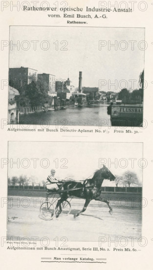 View of a running horse and a jockey, page, photomechanical print, inscription: 'Rathenower optische Industrie-Anstalt, form. Emil Busch, ', cliché maker: Meisenbach, Riffarth & Cie. (possibly), Berlin, c. 1897 - in or before 1902, photographer, paper, autotypie, height 85 mm x width 116 mm, Print between page 134 and page 135., horse-racing, jockey, A tall narrow page showing two framed black-and-white photographs stacked vertically, each with a thin border and captions beneath. The top photograph depicts a riverside town scene with buildings lining both sides of a river, a variety of rooflines including a rounded cupola and a tall chimney, trees along the banks, small boats docked at the water’s edge, and a signboard visible on the right side of the river. The bottom photograph shows a harnessed horse in mid-stride pulling a two-wheeled sulky with a seated driver wearing a cap and striped clothing, an open racetrack or field and a line of trees in the distant background, and the hors...