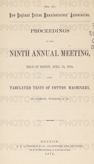 Proceeding of the ninth annual meeting, book, publisher: LF Lawrence & Co., Boston (Massachusetts), 1874, North America, Massachusetts, paper, printing, albumen print, height 237 mm x width 147 mm x thickness 5mm, A vertically oriented aged paper page with printed headings and centered lines of serif text in varying sizes and styles, featuring a decorative horizontal rule near the top and a small ornamental line element toward the middle, with scattered small brown spots and a handwritten vertical column of dark markings along the right edge, the paper showing a warm beige tone and slight texture throughout.