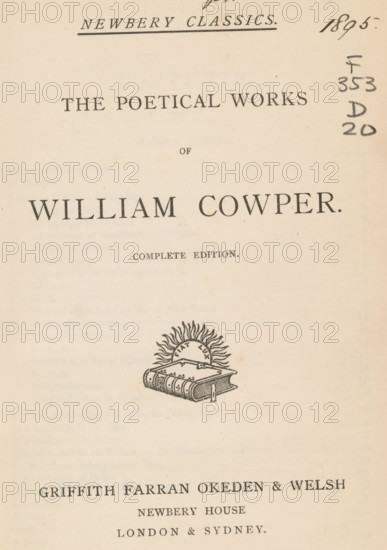 The poetical works of William Cowper, book, date: 'OCT, 1985', annotation: 'no s.', dedication: 'With best wishes to Adrienne, from MS., 1895.', publisher: Griffith, Farran, Okeden & Welsh, London, c. 1890, pasteboard, biological material, paper, leather, printing, color on cut, albumen print, height 178 mm x width 130 mm x thickness 31 mm, A cream-colored page with printed black ornamental elements and a small illustration near the center showing a closed book with a ribbon marker and a stylized sunburst rising behind it; there are handwritten pencil marks along the right margin and a small scribble near the top edge, and faint printed lines and decorative type arranged above and below the illustration.