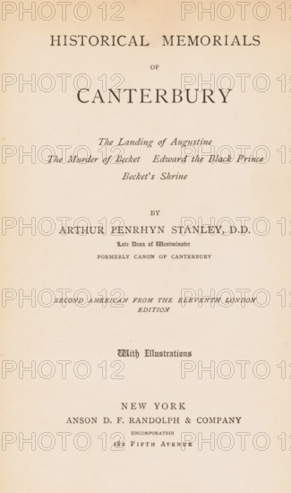 Historical memorials of Canterbury, book, inscription: 'to Eliya Ho...er From Cousin Nellie ... Christmas, after I had ... in', name: 'From the Library of Robert C. Hosmer of Syracuse, New York', writer (clerical worker): Arthur Penrhyn Stanley, publisher: Anson DF Randolph and Company, New York (city), 1892, writer (clerical worker), North America, textile materials, pasteboard, paper, linen (material), albumen print, height 225 mm x width 155 mm x thickness 40 mm, A cream-colored page with centered dark printed lines of varying sizes and styles, featuring a large bold heading near the top, spaced smaller lines of script and serif type below, a mid-page cluster of serif text with different weights, and additional lines of serif text toward the lower half, all arranged vertically on the page with generous margins.