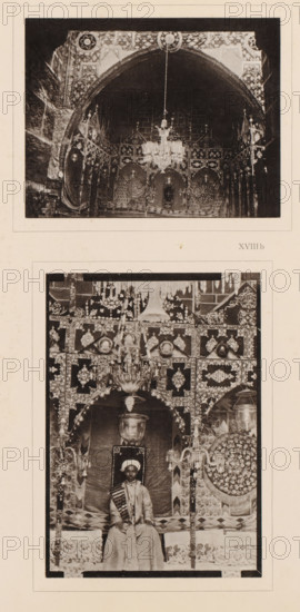 Two views of a rikah in Mecca, one with an unknown groom, Two different Aufnahmen der Rikah, des Thronsessels, auf welchen man in Mecca who pflegt young frauliche Braut in the Duchlah-nacht zu erheben, album page, photomechanical print, Deze print is part of an album., number: 'XVIIIa, The image shows two vertically arranged black-and-white photographs on a light background. The top photograph depicts an arched interior with ornate patterned walls and a central hanging chandelier, visible decorative round motifs on the walls, and intricate ornamental detailing around the arch. The bottom photograph shows a seated figure wearing a turban and long garment on a decorated throne-like seat beneath an ornate canopy, surrounded by elaborately patterned panels, hanging chandeliers, decorative columns, and circular ornamental elements on either side.