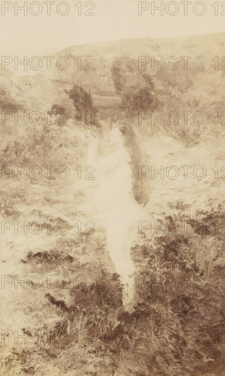 Photo reproduction of a female nude in a landscape, photograph, reproduction, Part of French artist album., inscription: 'Photographie ...michelez ...dass...', signature: '...', after design by Jean-Louis Brémond (attributed to), after design by Jean-François Brémond (attributed to), c. 1880 - c. 1900, Attributed to, pasteboard, paper, albumen print, albumen print on cardboard, height 222 mm x width 133 mm, standing figure - AA - female human figure, A sepia-toned scene shows a long-haired woman standing barefoot in grassy terrain, her body mostly light against darker vegetation; she faces slightly upward with arms raised near her face as if holding or observing something, and her flowing hair cascades down her back. Surrounding her are textured grasses, bushes, and low shrubs extending into a softly rendered hillside in the background, with a winding path partially visible at the upper left. The overall image has a soft, painterly quality with varied tonal shading and dense foliage de...