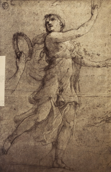 Photo reproduction of a drawing of a bacchante, photograph, reproduction, Part of a French artist's album., inscription: '...', after drawing by anonymous, c. 1880 - c. 1900, photographer, after drawing by, paper, albumen print, height 288 mm x width 192 mm, dancing, maenad(s), female bacchant(es), A sepia-toned sketch of a female figure in flowing drapery captured in mid-step, her torso turned with one arm raised and the other extended sideways, hair pulled back and head tilted upward with an expression suggested by shaded facial features, a hand holding a circular frame or tambourine near her side, visible limbs with defined musculature and feet poised as if walking, layered, translucent folds of cloth around her body and legs, a faint circular seal near the top corner, soft smudged shading across the background and paper texture with subtle creases and small spots.