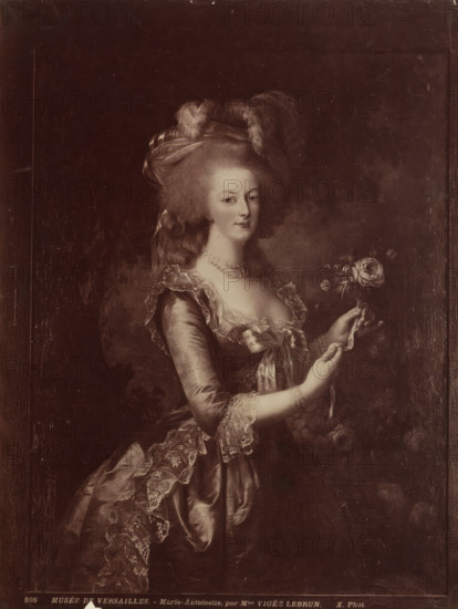 Photo reproduction of a painting by Elisabeth Vigée-Lebrun depicting a portrait of Queen Marie-Antoinette of Austria, Musée de Versailles. - Marie Antoinette, par Mme Vigée Lebrun 1880 - c. 1900, Neurdein Frères, Elisabeth Vigée-Le Brun, photographer, after painting by, France, Attributed to, paper, albumen print, height 270 mm x width 210 mm, Person, Marie Antoinette, ruler, sovereign - BB - female ruler, A formal portrait of a woman shown from the hips upward wearing an ornate gown with lace trim and ribbon details, holding a single rose with a long stem in her hands, her hair arranged in an elaborate high style topped with large feathers and a draped headpiece, a string of pearls around her neck, a composed facial expression with eyes looking forward, and a dark textured background behind her.