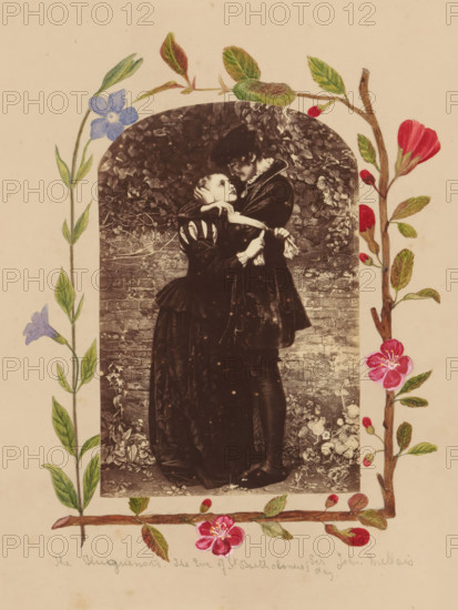 Photo reproduction of A Huguenot, on St. Bartholomew's Day, Refusing to Shield Himself from Danger by Wearing the Roman Catholic Badge after John Everett Millais, album page, photograph, reproduction, This photo is part of an album., annotation: 'The Huguenots. The eve of St. Bartholomew's day, Sir John Mellais', after painting by John Everett Millais, 1875, photographer, paper, albumen print, albumendruk, height 145 mm x width 95 mm, height 320 mm x width 265 mm, embracing each other, kissing, A sepia-toned photograph of a man and a woman standing closely together inside a rounded-arch frame, the man holding the woman and leaning toward her while the woman looks up at him with one hand near her face and the other holding a cloth; both wear dark period clothing with visible folds and textured fabric, the man in a coat with a collar and the woman in a long dress with puffed sleeves. The background inside the arch shows dense foliage and a brick wall at the lower portion, with plants and...