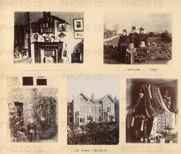 Various subjects, album page, photograph, Interior of a home, a family portrait in Arnside, two women with a child and dog in a garden, a home and a bedroom. This page is part of an album., England, 1890 - in or before 1898, photographer, paper, daylight collodion silver print, daylight gelatin silver print, height 238 mm x width 275 mm, bedroom, interior of the house, front façade, family, descendants, Cumbria, Arnside, A sepia-toned page shows a grid of vintage photographs mounted on a cream background; the top left image depicts an interior with a decorative fireplace, a mantel topped with small figurines and framed pictures on patterned wallpaper, a shelf of books above, and a corner table with a cloth and objects; the top right image shows four people standing outdoors behind a low stone wall with a field and bare trees in the background, one person wearing a tall hat and another a bonnet beside a pram with a child and a smaller child standing in front; the lower left image shows ...