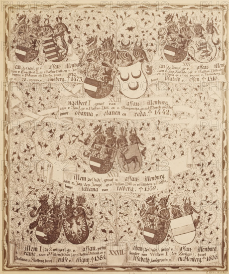 Photo reproduction of a drawing of a family tree, from Jan the Elder, Count of Nassau-Dillenburg, to Johan the Elder, album page, photograph, reproduction, This photo is part of an album., after drawing by Gerard Slits, Rolduc, c. 1869 - in or before 1874, photographer, Kerkrade, pasteboard, paper, albumen print, height 183 mm x width 155 mm, Person, William I (Prince of Orange), William I Count of Nassau-Dillenburg, Engelbrecht I Count of Nassau-Dillenburg, John VI Count of Nassau-Dillenburg, John IV Count of Nassau-Dillenburg, family lineage, pedigree, genealogical tree or table, series of rulers, An ornate vertical panel filled with dense foliate scrollwork and decorative vines, punctuated by multiple heraldic shields topped by crested helmets; several shields display striped bands, animals, or crescent shapes, and some shields appear blank; flowing ribbon banners weave through the foliage; paired shields and helmets are arranged in horizontal groupings separated by bands of decorat...