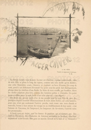 Four men prepare a boat to sail in the port of Algiers, Algeria, page, photomechanical print, maker: Jules Gervais-Courtellemont, c. 1888 - in or before 1893, paper, collotype, photoprint, height 150 mm x width 194 mm, adult man, harbour, North Africa, Algiers, A faded photographic scene framed by simple wooden poles and leafy branches shows a waterfront with small rowboats tied along a stone quay, several men standing or bending near the boats, a distant shoreline filled with buildings and larger ships moored offshore, and a calm expanse of water between the quay and the distant city, all printed on aged paper with lighter margins.